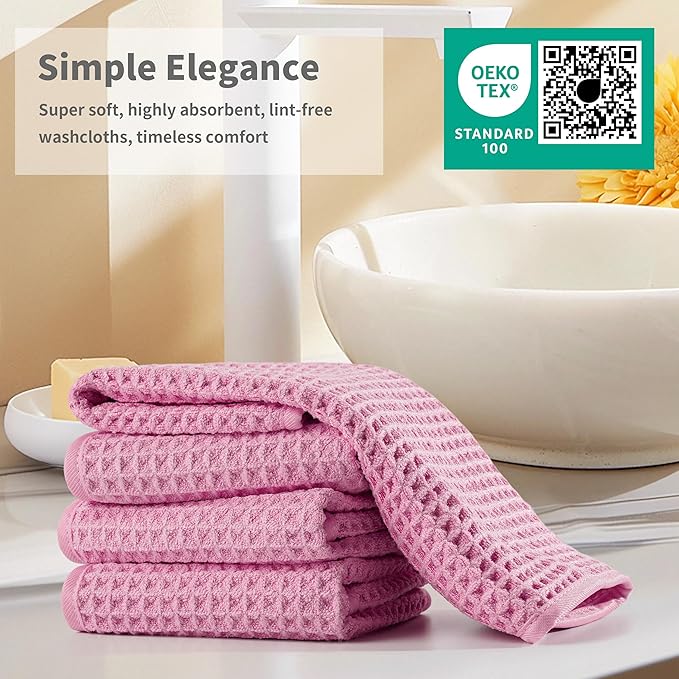 Microfiber Waffle Face Towels, 4 Pieces, Soft, Absorbent, Fast Drying, Lint Free 430 GSM (Pink)
