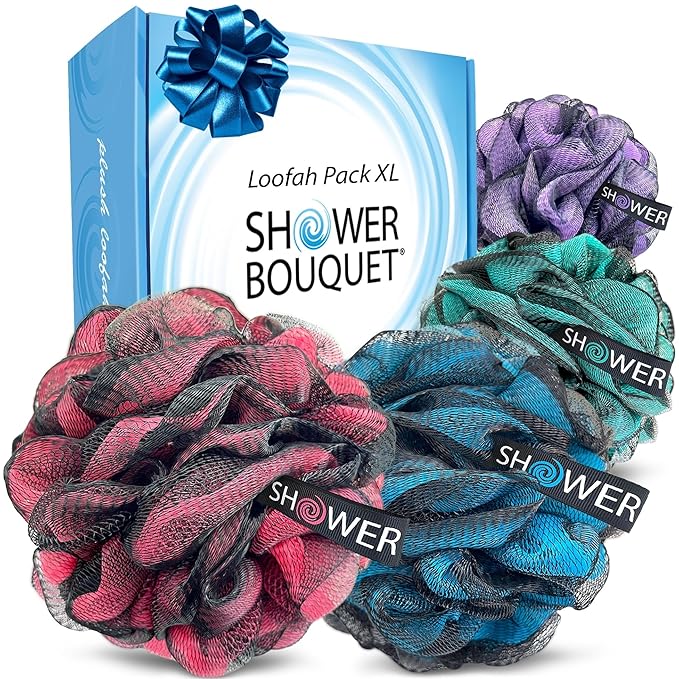 SHOWER BOUQUET Loofah-Charcoal Bath-Sponge XL-Color-4-Pack // Extra Large 75g Soft Mesh Black Luffa Loofa Loufa Puff Set/Exfoliating Body Scrubber for Women and Men - Exfoliate & Soothe Face & Body