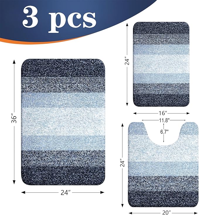 OLANLY Bathroom Rugs Sets 3 Piece, Soft Absorbent Microfiber Bath Mats and U-Shaped Contour Toilet Rug, Plush Shaggy Bath Mat Set for Bathroom (36"x24"+24"x16"+24"x20", Dark Blue)