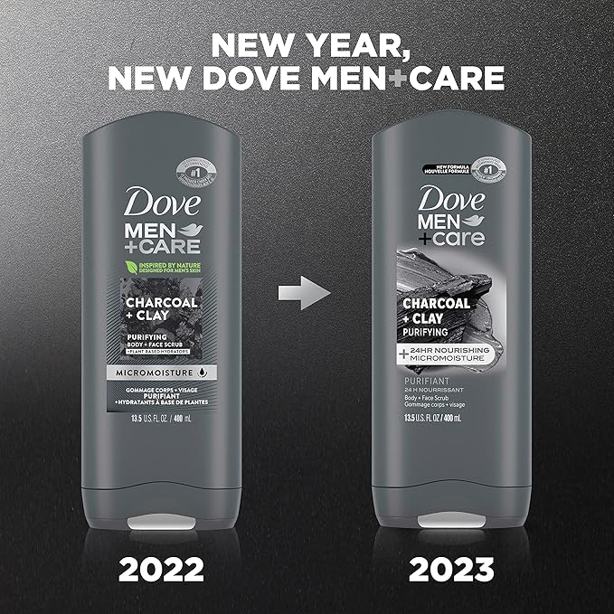DOVE MEN + CARE Purifying Charcoal + Clay Body and Face Wash with 24-Hour Nourishing Micromoisture Technology Body Wash for Men, 13.5 oz (Pack of 2)