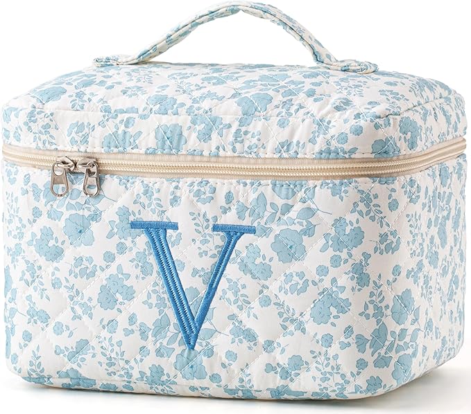 HBselect Initial Quilted Makeup Bag, Cotton Large Travel Makeup Bag, Cute Floral Coquette Make up Bag Cosmetic Bag Toiletry Bag for Women Girls V