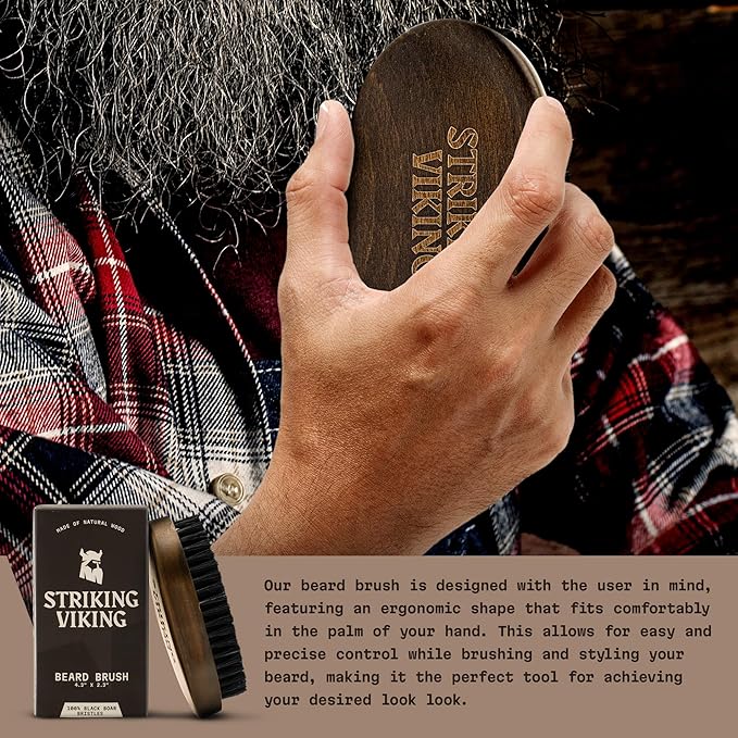 Striking Viking Beard Brush for Men - 4.3 in Beech Wood Handle, Brown - Boar Bristle Beard Brush & Grooming Comb - Travel Size Pocket Groomer