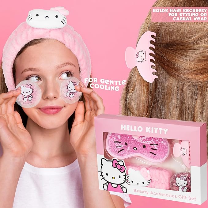 Hello Kitty Sanrio Beauty Set for Women, Teens with Cooling Gel Eye Mask, Plush Skincare Headband, Claw Clip, Eye Pads, Kawaii Gifts for Women (Pink Hello Kitty)