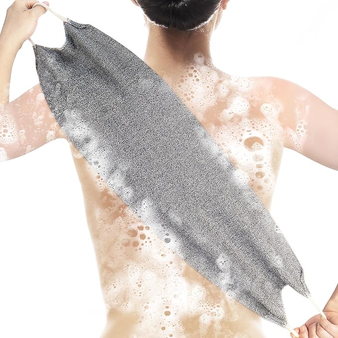 Extended Exfoliating Back Scrubber with Handles, Nylon Cleaning Exfoliator Washcloth for Body, Stretchable Pull Strap Soft Quick-Drying Rough Scrub Towel, Grey