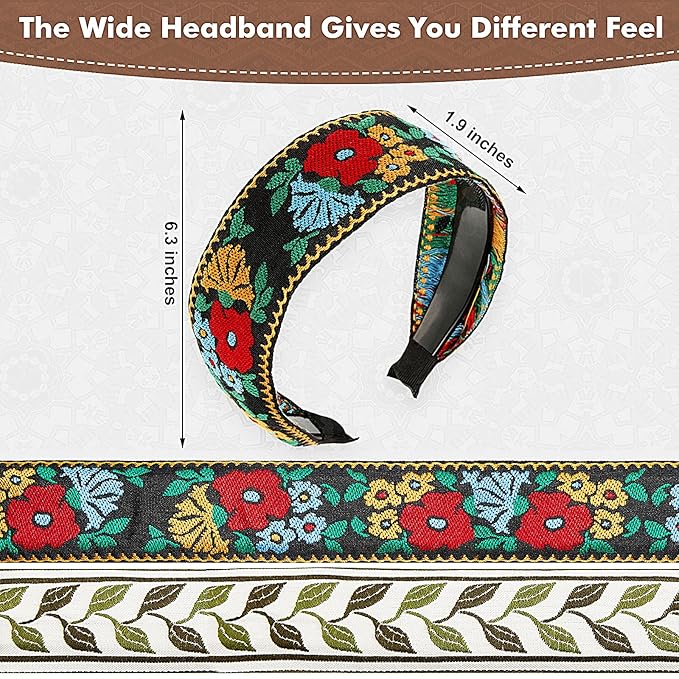 EBOOT 4 Pieces Boho Headband for Women Embroidery Wide Hair Band Bohemia Floral Knotted Wide Headbands Vintage Ethnic Style Girls Accessories(Classic Pattern)