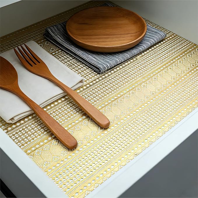 Shelf and Drawer Liner for Kitchen Cabinet,Non-Adhesive Waterproof Oil-Proof Easy Clean Shelf Liner for Dresser & Bathroom Vanities with Adhesive Dots & Cutting Tool(12 in X 20 Ft Gold Lace)