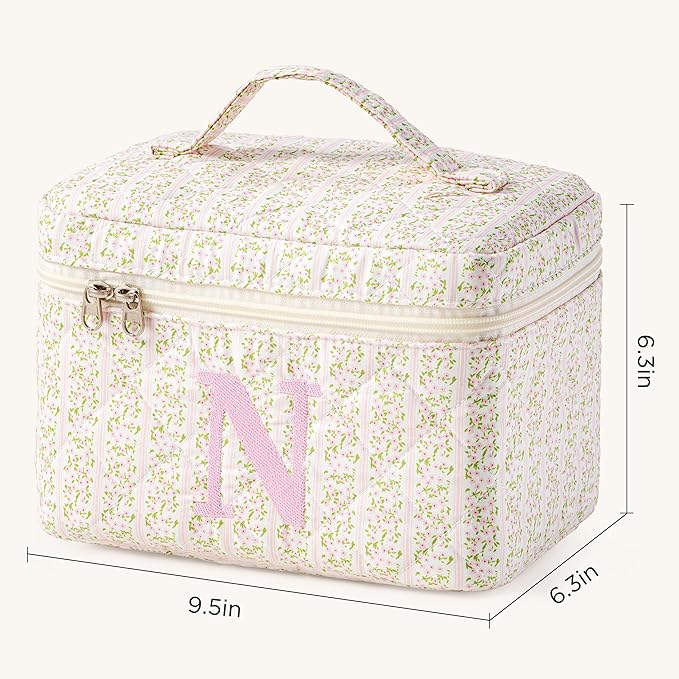 HBselect Initial Quilted Makeup Bag, Pink Cosmetic Travel Toiletry Bag, Flowers Coquette Zipper Make Up Pouch Organizer Teen Girl Gift Trendy Stuff N
