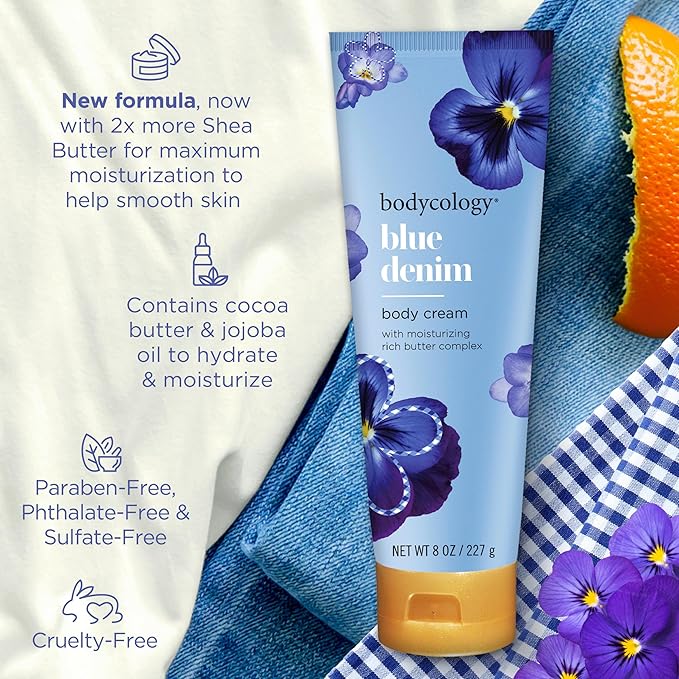 Bodycology Shea Butter Body Cream, Blue Denim, 8 oz (Pack of 2)