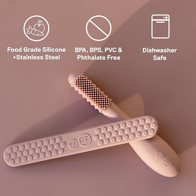 ezpz Baby-Led Toothbrush + Tongue Depressor Dual Pack (Blush) - 100% Silicone Toothbrush + Silicone/Stainless Steel Tongue Depressor - Helps Set-up Infants for a Healthy Oral Care Routine