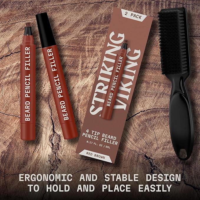 Striking Viking Beard Pencil Filler for Men - Red Brown, 2 Pack - Temporary Beard Dye - Waterproof Sweatproof Long Wear Beard Filler Pen for Touchups & Gap Contouring - Enhances Facial Hair