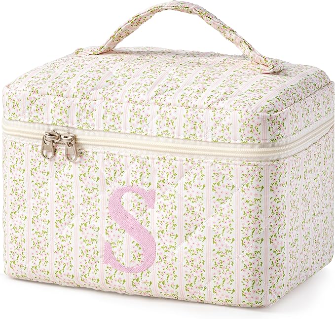 HBselect Initial Quilted Makeup Bag, Pink Cosmetic Travel Toiletry Bag, Flowers Coquette Zipper Make Up Pouch Organizer Teen Girl Gift Trendy Stuff S