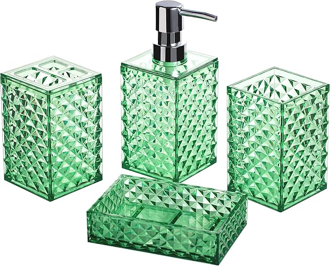 Bathroom Accessory Set, 4 PCS Green Bathroom Accessories Sets, Diamond Pattern Bathroom Soap Dispenser and Toothbrush Holder Sets Accessories Contain Soap Dish Tumbler, Boho Bathroom Décor