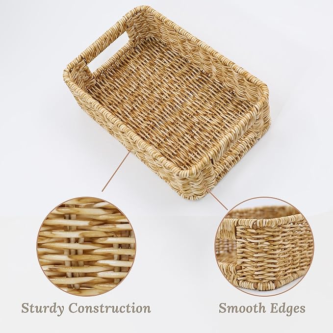 Baskets for Organizing, Small Wicker, Storage Bins for Bathroom and Toilet Paper Rolls, Hand Woven Tank Topper with Handle, Set of 2, Oat Milk
