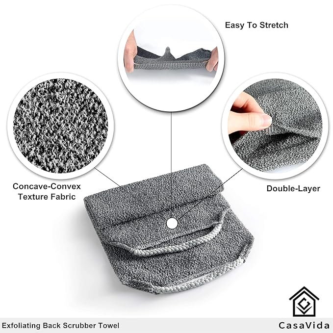 CASAVIDA Back Scrubber for Shower Nylon Bath Towel Washer Exfoliating Washcloth Rear Japanese Stretchable Pull Strap Wash Cloth Exfoliation 2 Pack (Pink + Jean Blue)