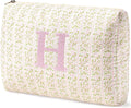 HBselect Initial Quilted Makeup Bag, Pink Cosmetic Travel Toiletry Bag, Flowers Coquette Zipper Make Up Pouch Organizer Teen Girl Gift Trendy Stuff H