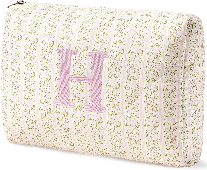 HBselect Initial Quilted Makeup Bag, Pink Cosmetic Travel Toiletry Bag, Flowers Coquette Zipper Make Up Pouch Organizer Teen Girl Gift Trendy Stuff H