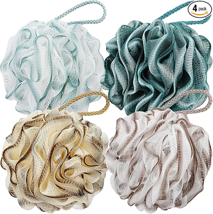 Bath Shower Loofah Sponge 60g Bath Mesh Pouf Shower Ball Body Scrubber Exfoliating Bath Sponge for Women and Men, Set of 4 (Colorful Gold)