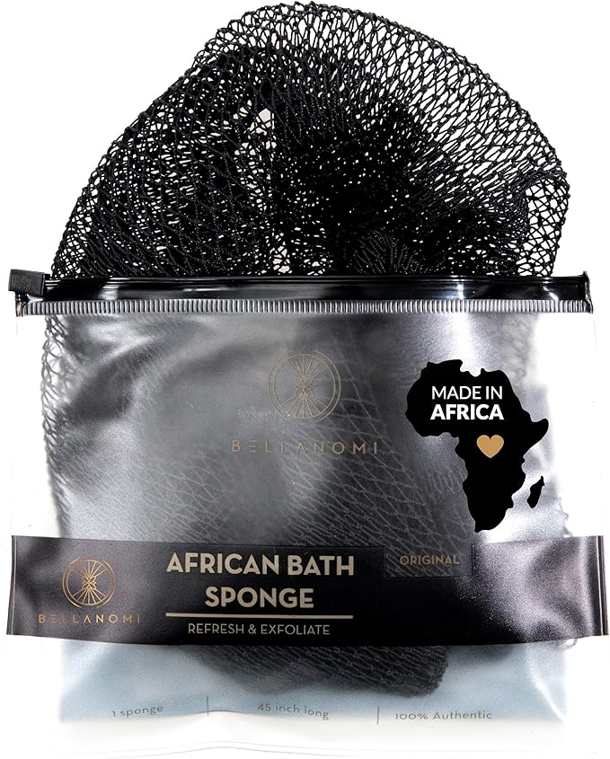 BELLANOMI African Exfoliating Net Sponge, Authentic, Ethically sourced from Nigeria, 45 inches Long, Back Scrubber for Daily use (Black)