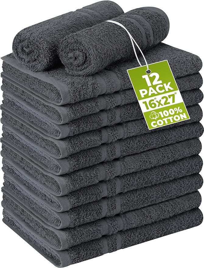 Utopia Towels Cotton Bleach Proof Salon Towel 16 by 27 inches, Bleach Safe Gym 100% Cotton Hand Towel, 12 Pack, Dark Grey