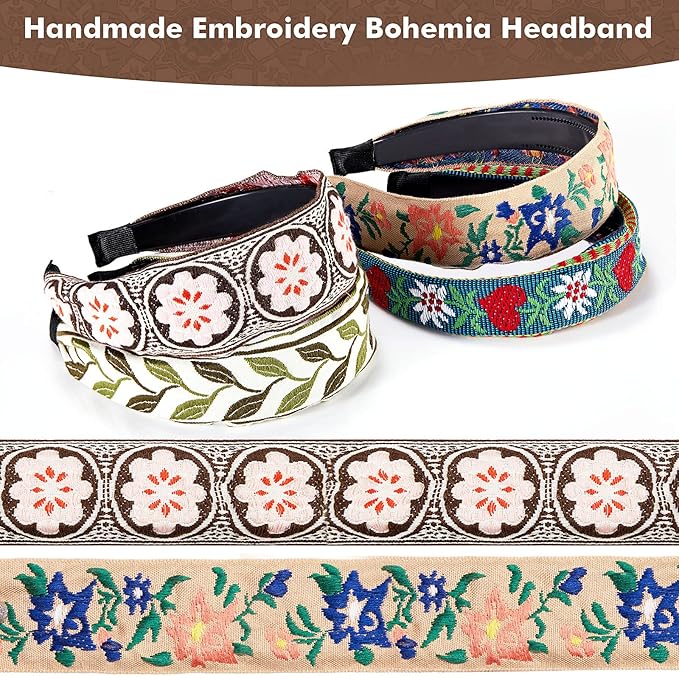 EBOOT 4 Pieces Boho Headband for Women Embroidery Wide Hair Band Bohemia Floral Knotted Wide Headbands Vintage Ethnic Style Girls Accessories(Delicate Pattern)
