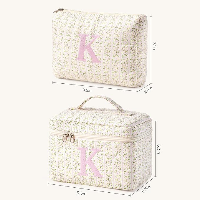 HBselect 2Pcs Initial Quilted Makeup Bag, Pink Cosmetic Travel Toiletry Bag, Flowers Coquette Zipper Make Up Pouch Organizer Teen Girl Gift Trendy Stuff K