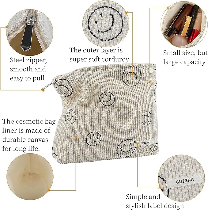 GUTGNK Makeup bag for Women, Corduroy Cosmetic Bag Aesthetic Design Ladies Tote Bag,Cute Smiley Face Makeup Organizer with Zipper - Brown