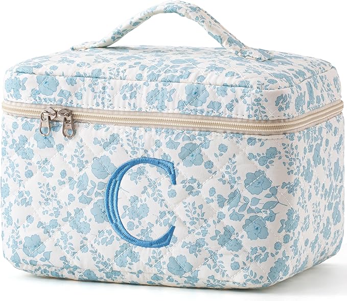 HBselect Initial Quilted Makeup Bag, Cotton Large Travel Make up Bag, Cute Floral Coquette Cosmetic Bag Toiletry Bag for Women Girls C