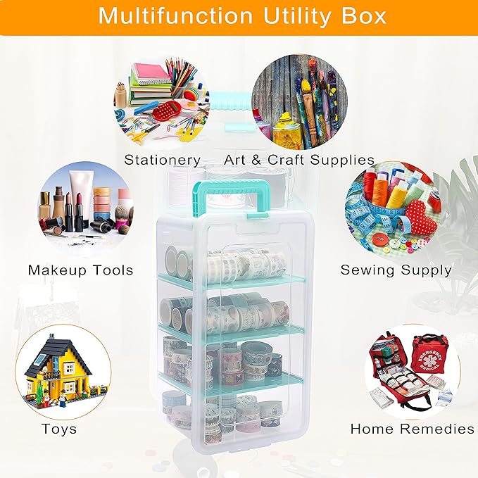 BTSKY Clear Plastic Dividing Storage Box with 4 Deep Compartments Adjustable Storage Bin with Lid Portable Craft Storage Container Multipurpose Sewing Box Art Supply Organizer, 13.9x7.9x6.2 Inches