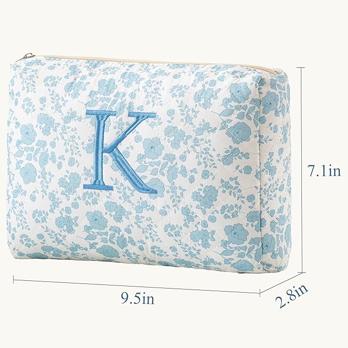 HBselect Initial Quilted Makeup Bag, Cotton Large Travel Makeup Bag, Cute Floral Coquette Make up Bag Cosmetic Bag Toiletry Bag for Women Girls K