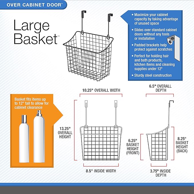 Spectrum Grid Over The Cabinet Wire Storage Basket Large (Satin Nickel Powder Coat) - Organizer for Bathroom, Kitchen, Under Sink, Pantry, Hair Tools, & More (Pack of 2)
