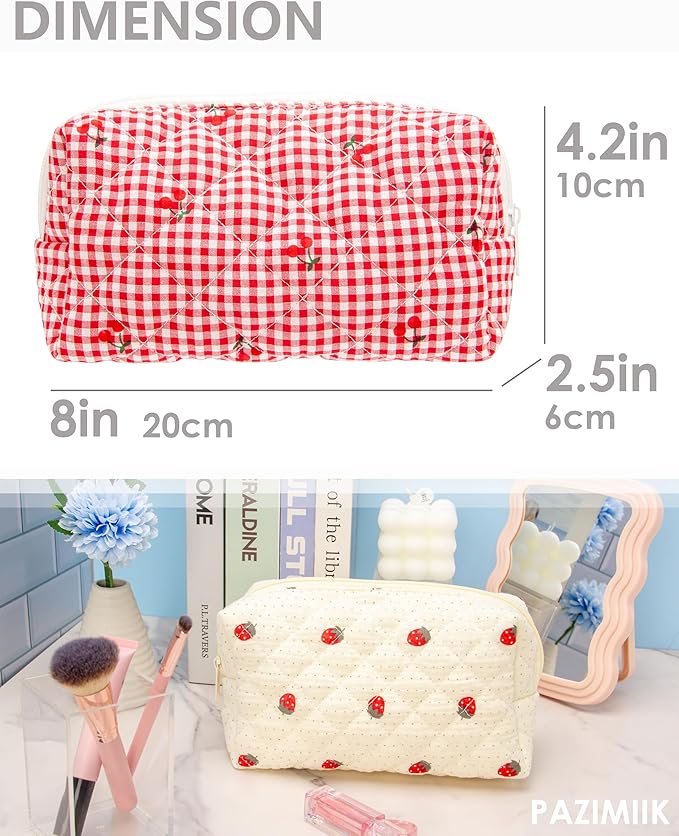 PAZIMIIK Vintage Quilted Makeup Bag Cosmetic Pouch for Brushes Pencils and Travel Make Up Accessories for Women and Girls Plaid Cherry