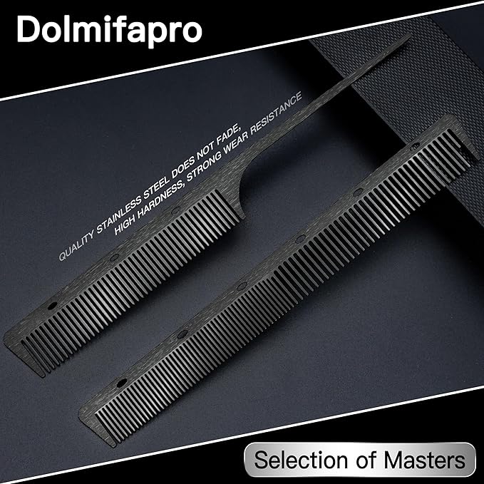 2 Pcs 304 Stainless Steel Metal comb, anti-static, heat-resistant, Ultra-thin, Metal Teasing Comb with Pick, Rat Tail Comb, Wood Grain Design（black）