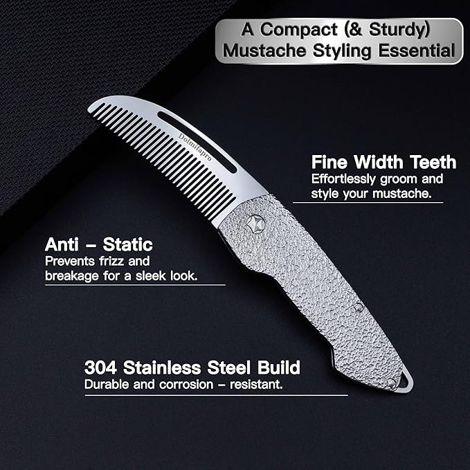 Small Folding Mustache Comb, Metal Beard Comb for men Pocket Mini Portable Fits In Keychain Anti-Static (Hammer Pattern)