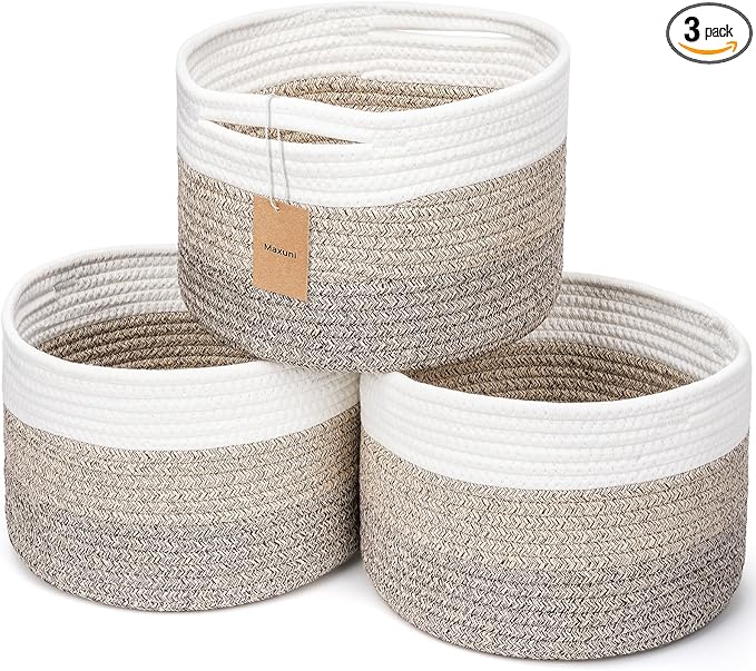 Small Rope Baskets for Storage, Baskets for Gifts Empty, Cute Round Woven Basket, Decorative Shelf Baskets 9.82×9.82×7.1", Cotton Toy Storage Bins for Organizer 3 Packs Mixed Brown