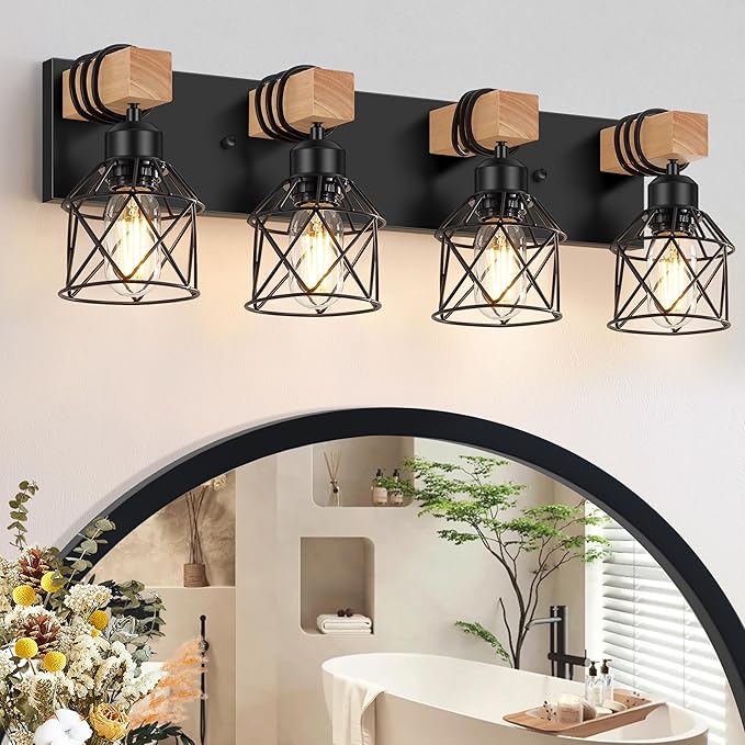 FadimiKoo 4-Light Rustic Style Wood Bathroom Vanity Light Fixtures, Black Bathroom Lighting with Cage Metal Shade, Farmhouse Wall Sconces for Hallway, Bedroom, Dressing Table
