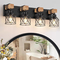 FadimiKoo 4-Light Rustic Style Wood Bathroom Vanity Light Fixtures, Black Bathroom Lighting with Cage Metal Shade, Farmhouse Wall Sconces for Hallway, Bedroom, Dressing Table
