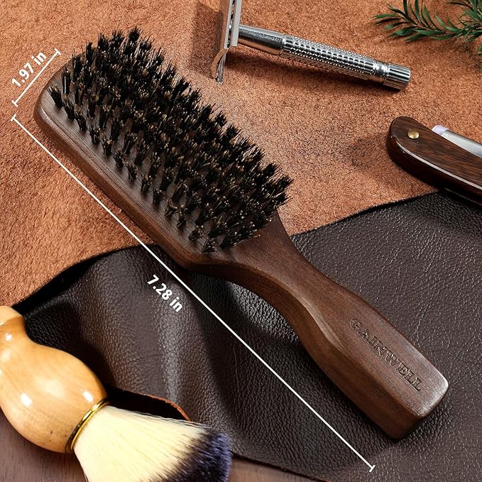 GAINWELL Wild Boar Bristle Hair Brush for Men, Slick Back Hair Brush with Stiff Boar Bristles for Thick Hair, Natural Black Walnut Wooden Handle Hairbrush, Beard Mustache Brush - Large