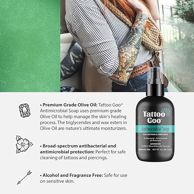 Tattoo Goo Cleansing Soap, 3 oz, For Piercing & Tattoo Aftercare, Hydrates and Cleans Dirt, pH Balanced Soap, Leaves No Residue, No Fragrance, Alcohol, Laonin or Petroleum Jelly