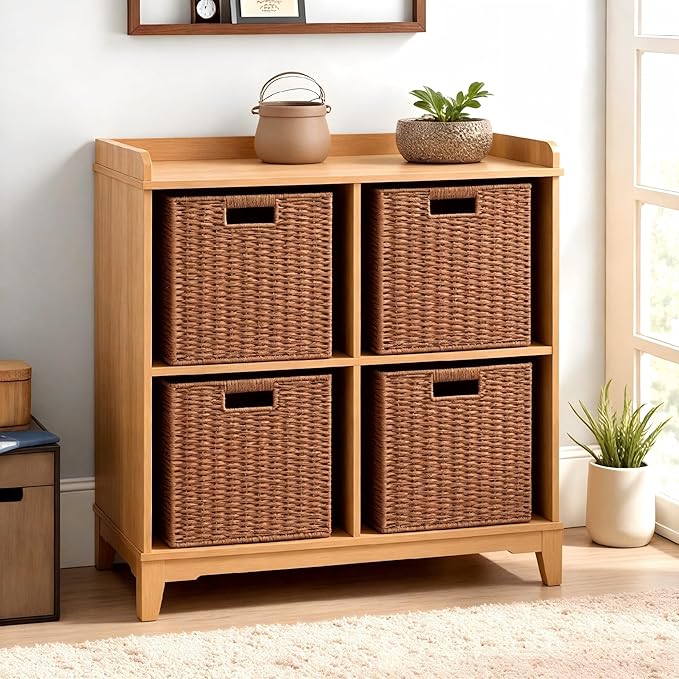 UBBCARE 2 Pack Wicker Basket, 11L×11H×10.5W inch Woven Paper Rope Storage Baskets for shelves, Foldable Cube Storage bin with Handle, Storage Basket for Organizing & Decor, Caramel