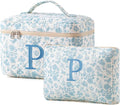 HBselect 2Pcs Quilted Cotton Large Travel Coquette Floral Makeup Bag - Cosmetic & Toiletry Bag for Women & Girls