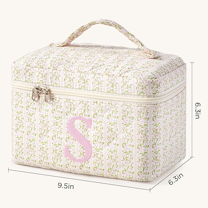 HBselect Initial Quilted Makeup Bag, Pink Cosmetic Travel Toiletry Bag, Flowers Coquette Zipper Make Up Pouch Organizer Teen Girl Gift Trendy Stuff S