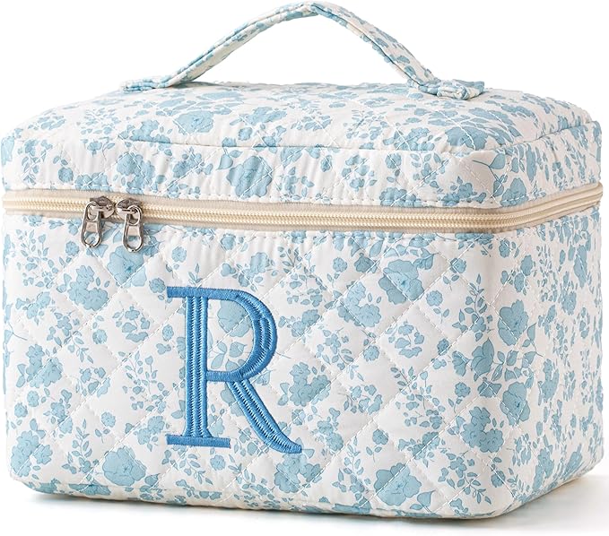 HBselect Initial Quilted Makeup Bag, Cotton Large Travel Makeup Bag, Cute Floral Coquette Make up Bag Cosmetic Bag Toiletry Bag for Women Girls R