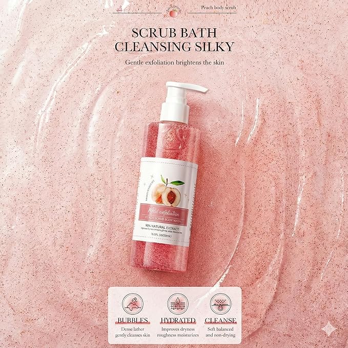 Peach Exfoliating Body Wash - [300ml] Hydrating Shower Gel with Natural Scrub - Sweet Peach Scented Body Polish for Soft Smooth Skin - Mild Daily Cleanser for Dryness