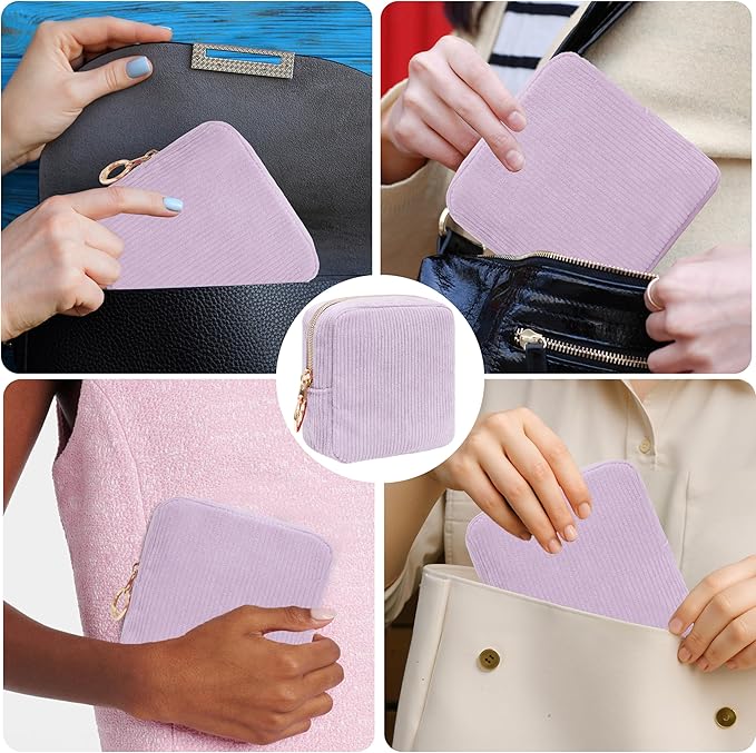 Period Bag for Girls, Corduroy Sanitary Napkin Storage Bag, Period Pouch & Tampon Holder, Feminine Care Organizer（Purple）