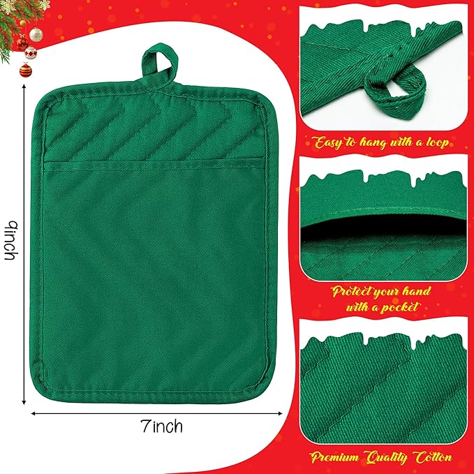 R HORSE 6Pcs Pot Holder for Kitchen Christmas Green Potholders with Pockets Cotton Heat Resistant Potholder Terry Coaster Oven Mitts Hot Pads for Baking Cooking Christmas Pot Holder Gift 7''x9''
