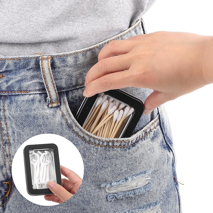 4Pcs Cotton Swab Holder for Travel, Portable Floss Picks Case with Dustproof Lid Refillable Floss Pick Dispenser Travel Flosses Picks Case with Dustproof Lid for Cotton Swabs Hair Ties (Black)