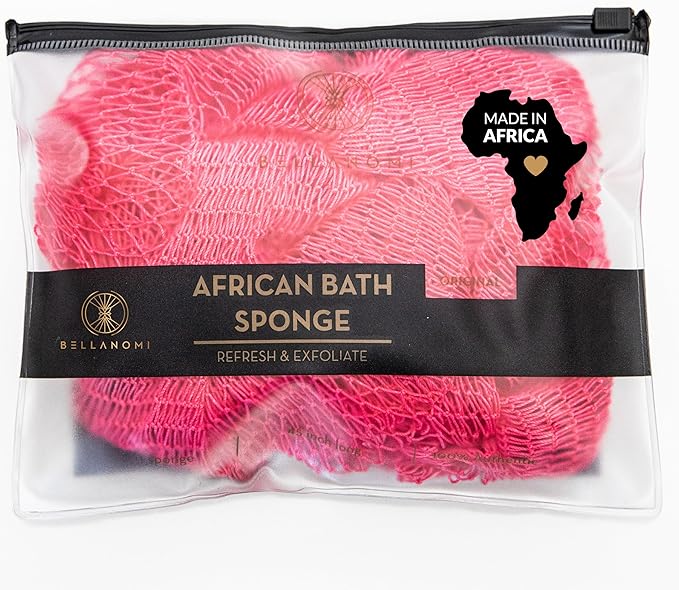 BELLANOMI African Exfoliating Net Sponge, Authentic, Ethically sourced from Nigeria, 45 inches Long, Back Scrubber for Daily use (Pink)