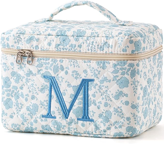 HBselect Initial Quilted Makeup Bag, Cotton Large Travel Make up Bag, Cute Floral Coquette Make up Bag Cosmetic Bag Toiletry Bag for Women Girls M