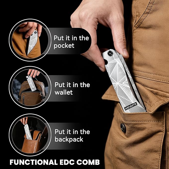 Men's Metal Folding Pocket Beard & Mustache Comb, EDC Knife Comb with Bottle Opener for Outdool Travel - Anti-Static for Hair Styling Pompadour, Slicked-back, Fauxhawk, Undercut