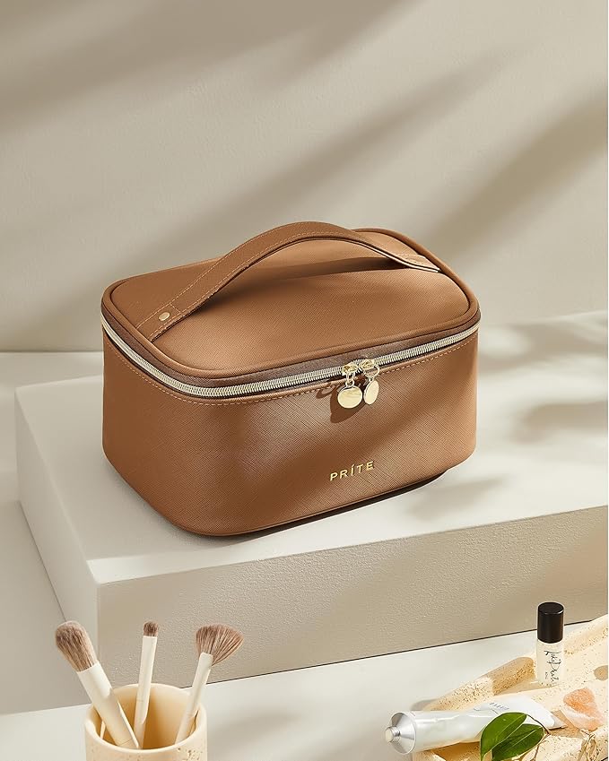 Prite Makeup Bag, Large Capacity Portable Travel Cosmetic Bag, Waterproof Makeup Organizer for Women with Handle and Divider (001 Brown)